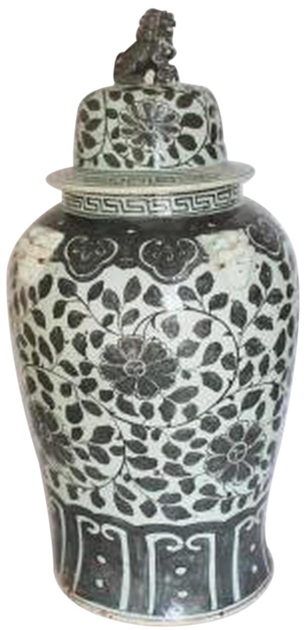 Temple Jar Vase Vine Floral Lion Lid Black Ceramic Handmade Hand-Cr-Image 1