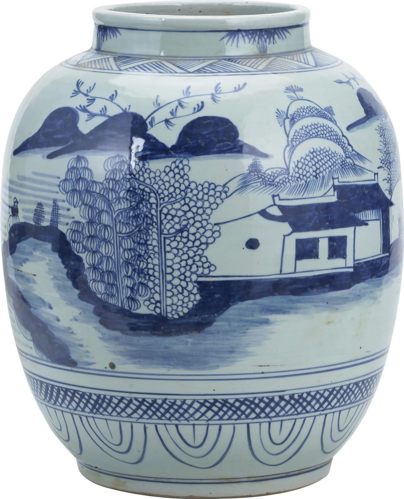 Jar Vase Mountain Village Landscape White Blue Ceramic Handmade Han-Image 1
