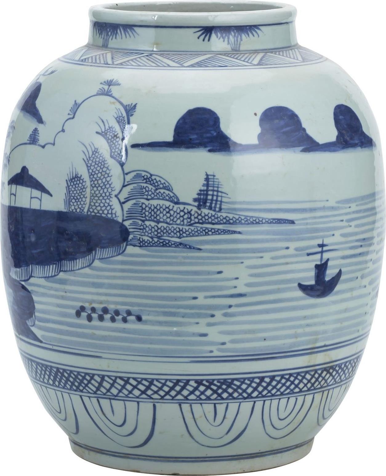 Jar Vase Mountain Village Landscape White Blue Ceramic Handmade Han-Image 3