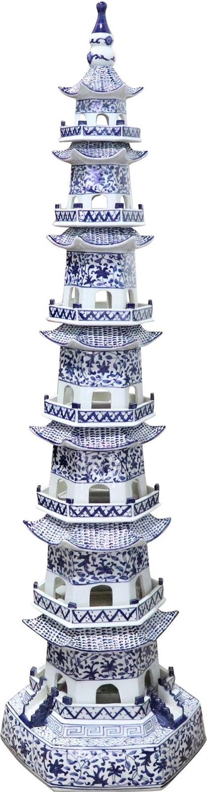 Pagoda Sculpture Twisted Vine Abstract 7-Tier Blue White Ceramic Handmade-Image 1