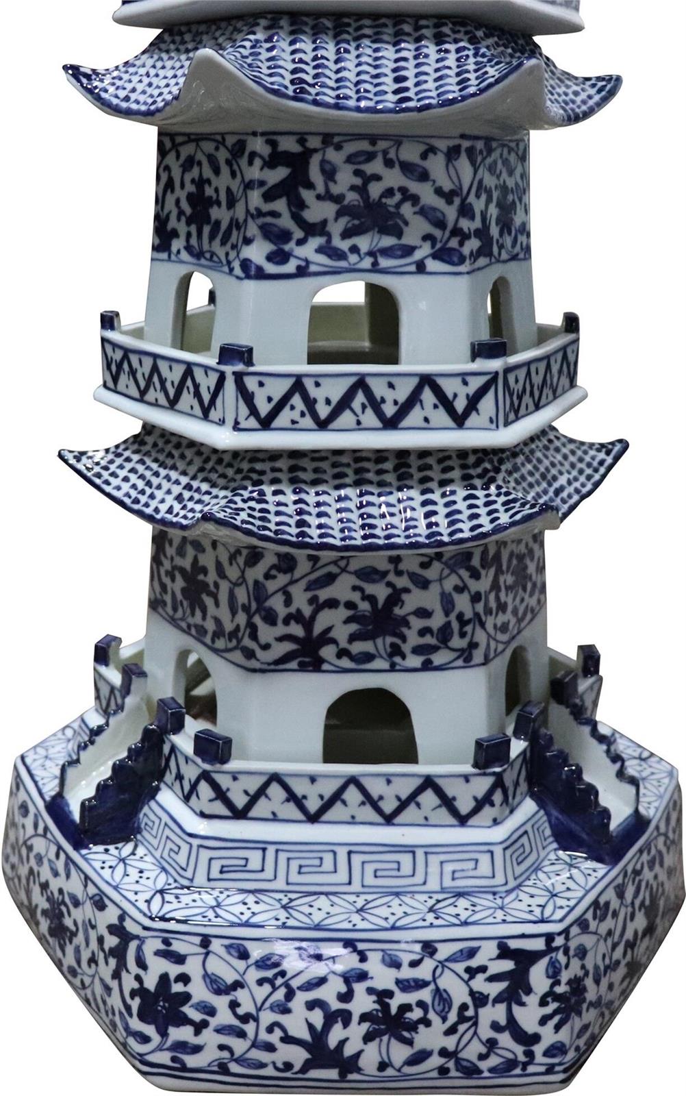 Pagoda Sculpture Twisted Vine Abstract 7-Tier Blue White Ceramic Handmade-Image 4