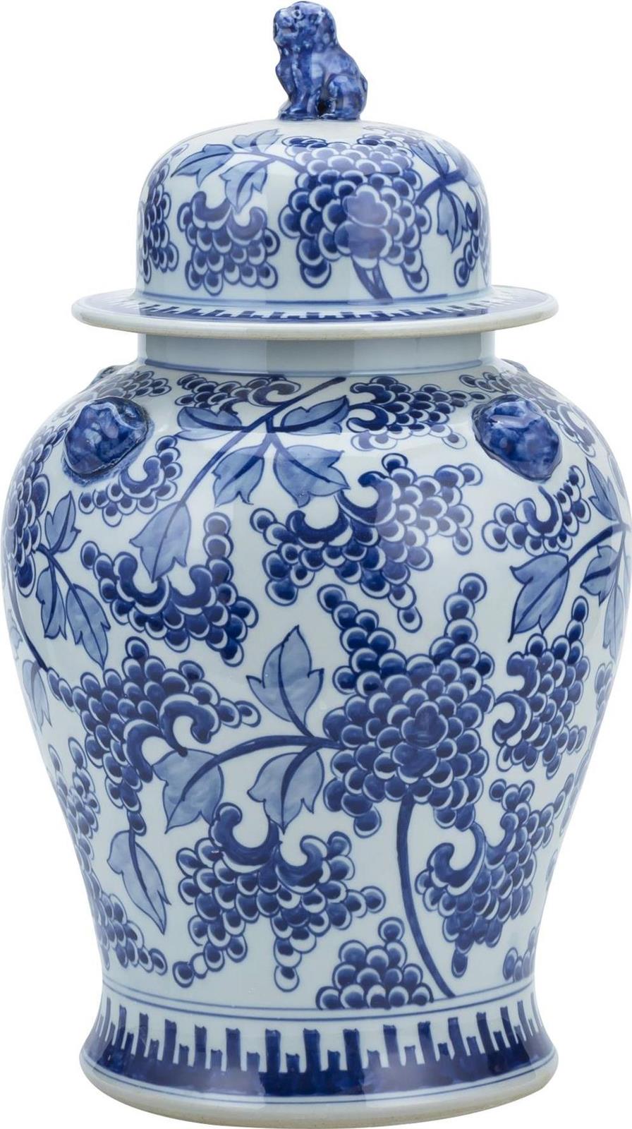 Temple Jar Vase Peony Flower Lion Handle White Blue Porcelain Handmade-Image 1