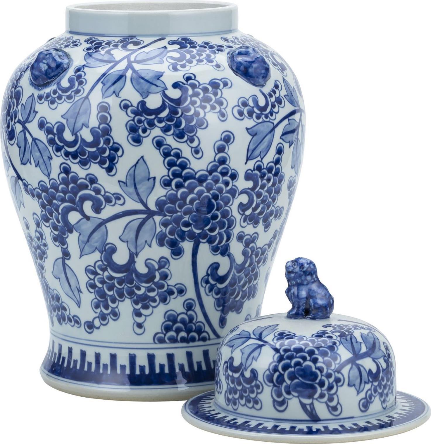 Temple Jar Vase Peony Flower Lion Handle White Blue Porcelain Handmade-Image 2