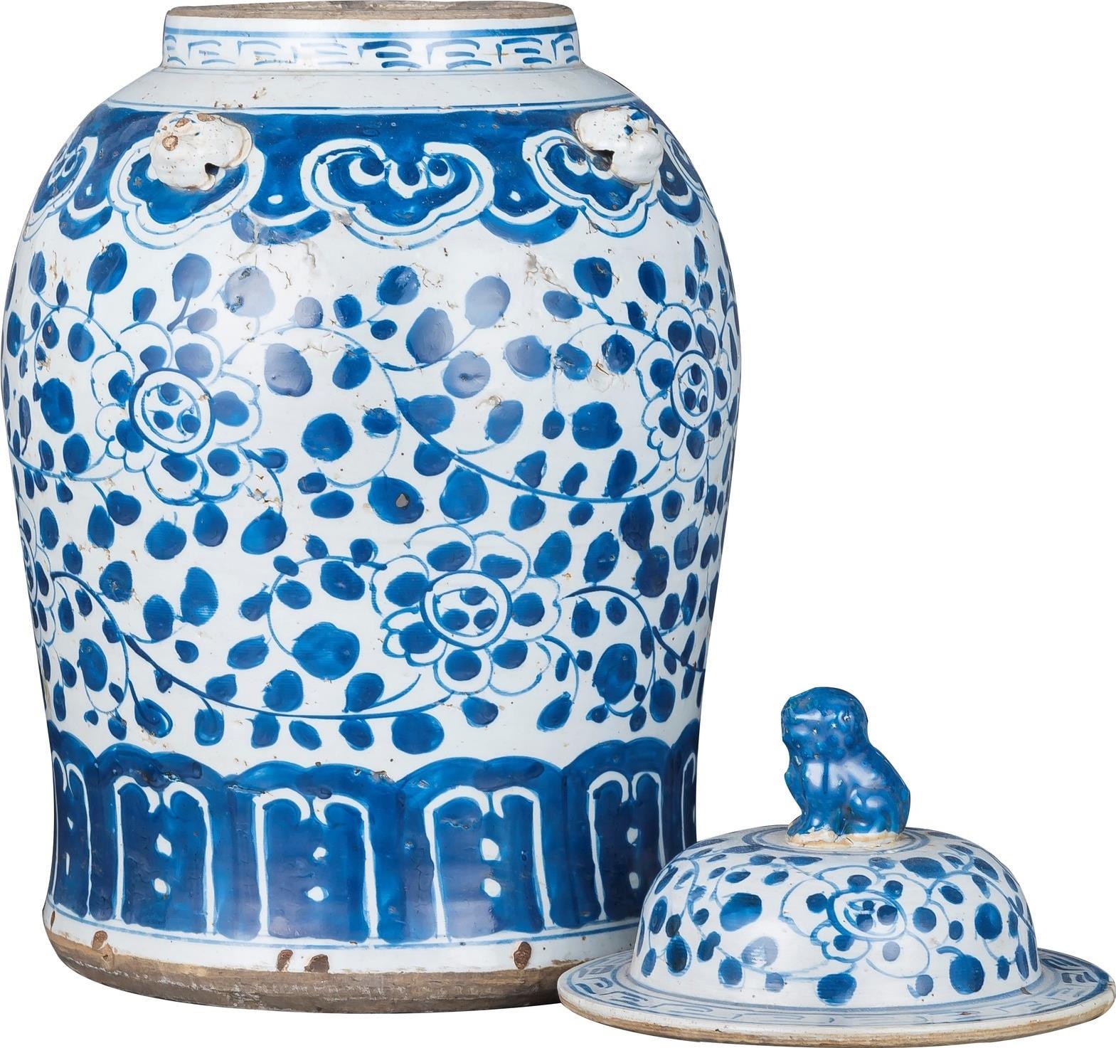 Temple Jar Vase Vintage Curly Vine Flower Small Cerulean Blue Ceramic Handmade-Image 1