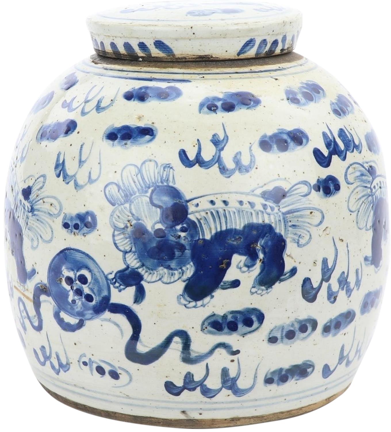 Jar Vase Vintage Ming Lion Small White Blue Ceramic-Image 1