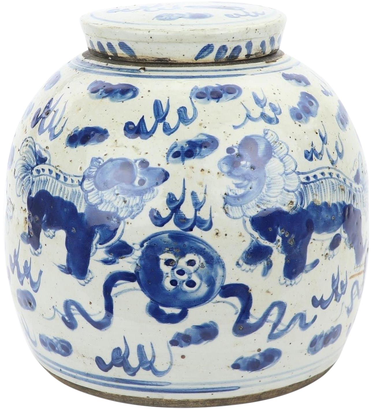 Jar Vase Vintage Ming Lion Small White Blue Ceramic-Image 2