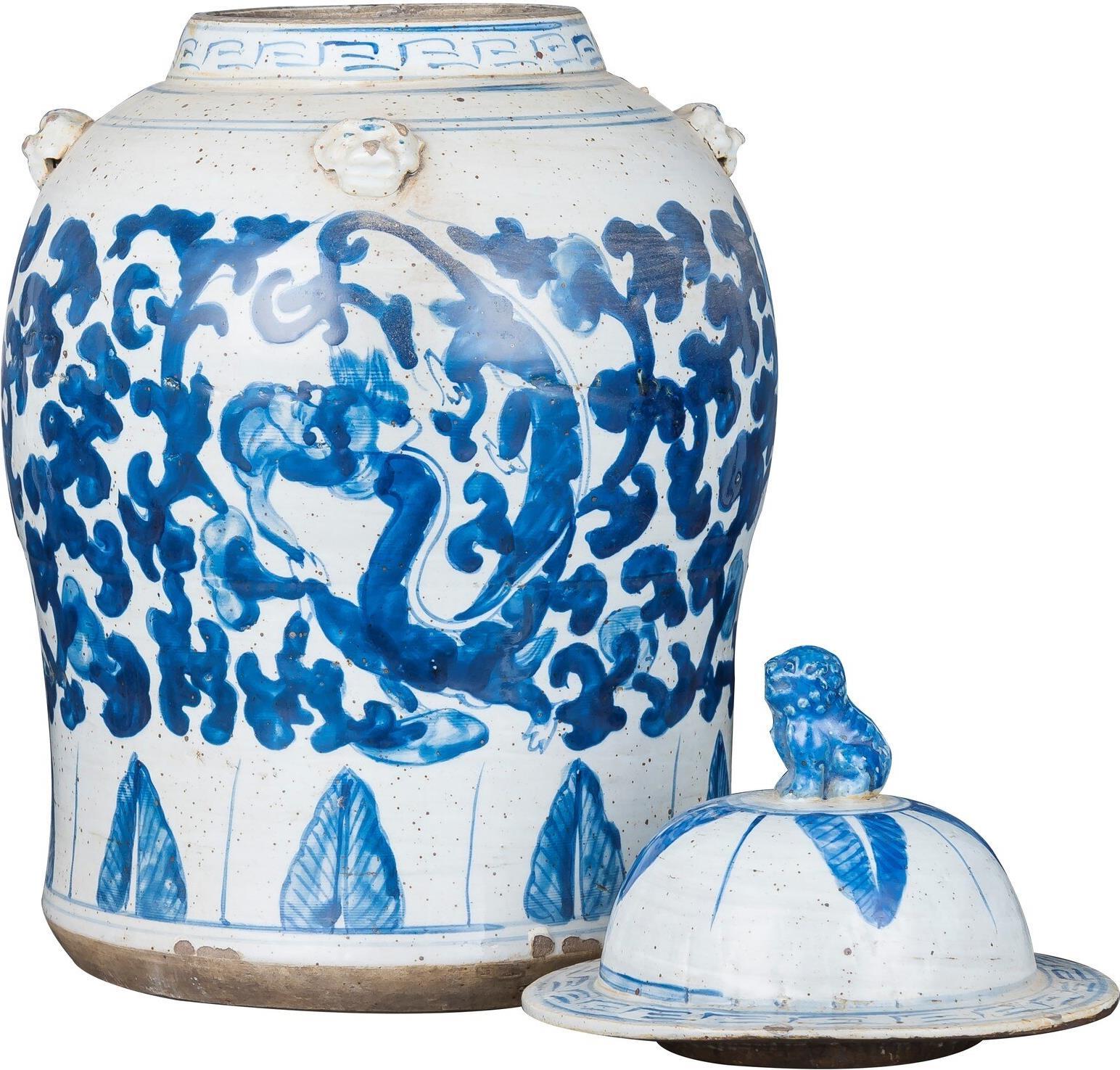 Temple Jar Vase Vintage Lotus Dragon Small Blue White Ceramic Hand-Crafted-Image 2