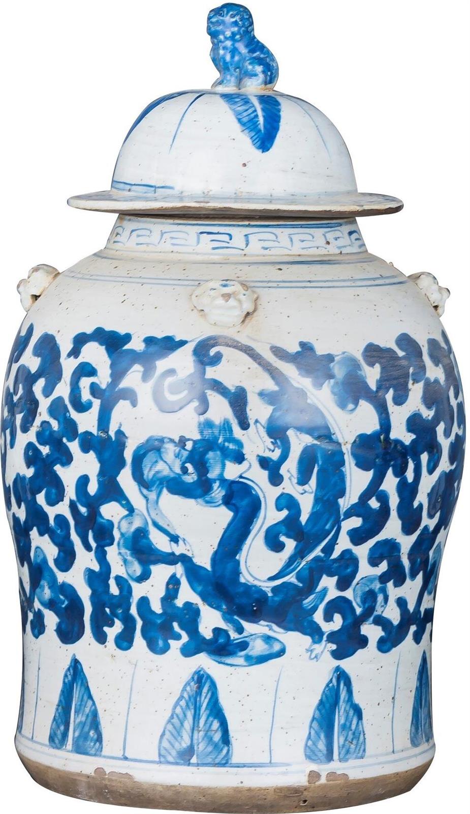 Temple Jar Vase Vintage Lotus Dragon Small Blue White Ceramic Hand-Crafted-Image 1