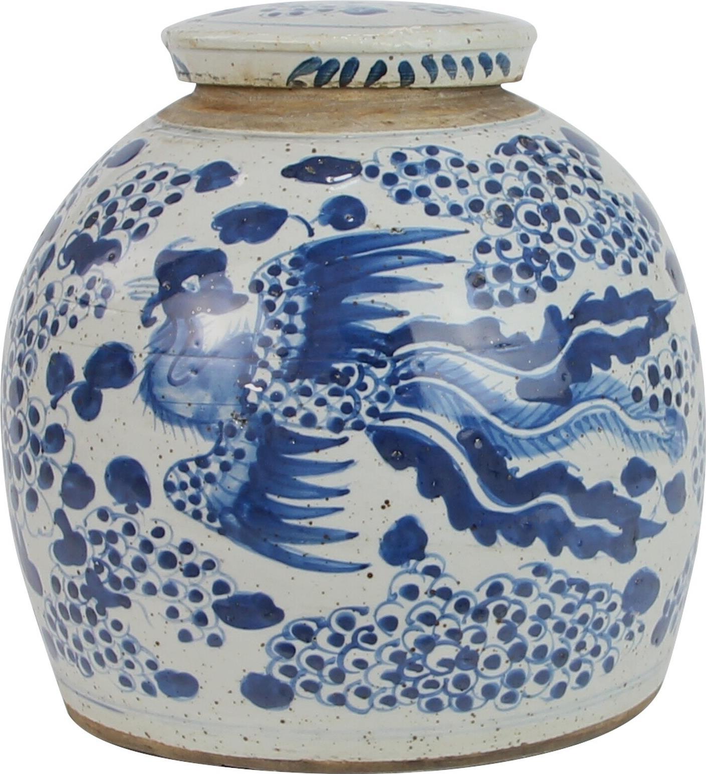 Jar Vase Vintage Ming Phoenix Small White Blue Ceramic-Image 1