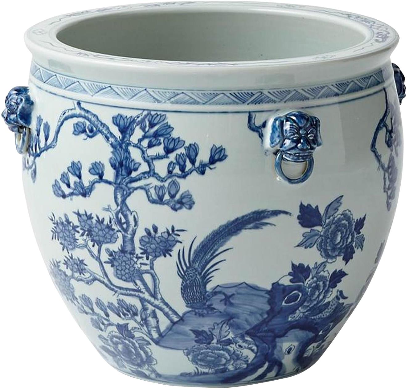 Planter Vase Magnolia Pheasant Jar Lion Handle Blue White Porcelain-Image 1