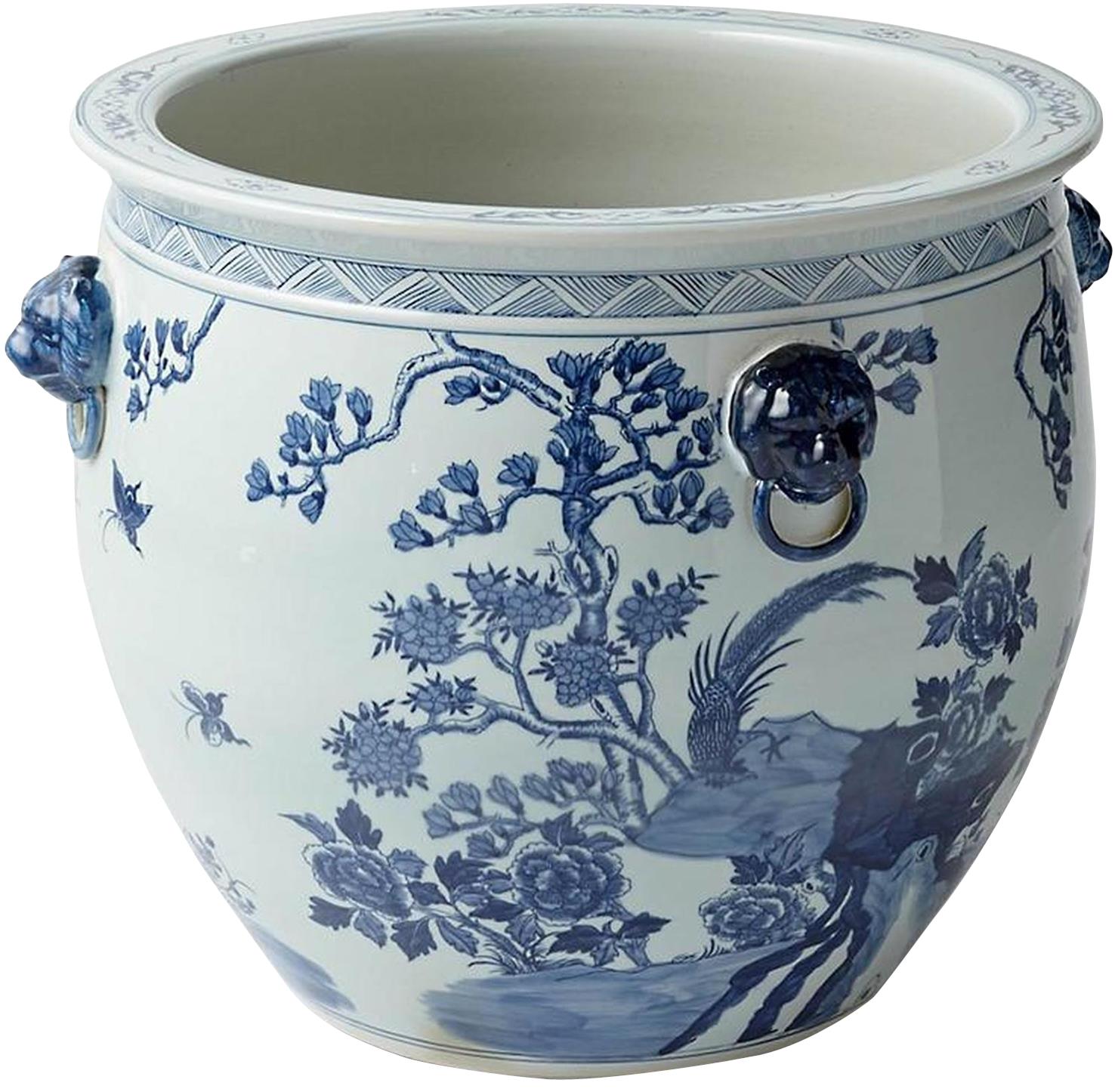 Planter Vase Magnolia Pheasant Jar Lion Handle Blue White Porcelain-Image 2