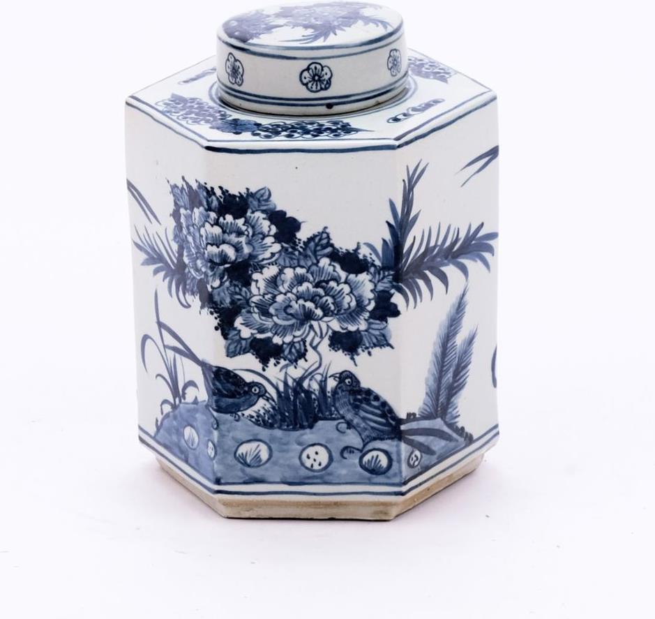 Tea Jar Service Items Vase Flower Bird Hexagonal White Blue Colors May Vary-Image 1