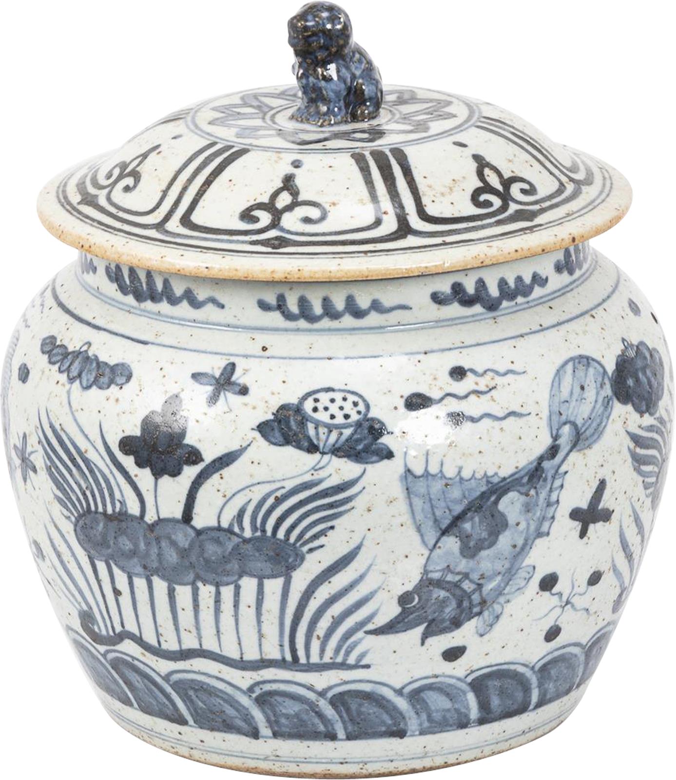 Rice Jar Fish Lotus Flower Blue White Ceramic Hand-Painted Handmade Painted-Image 1