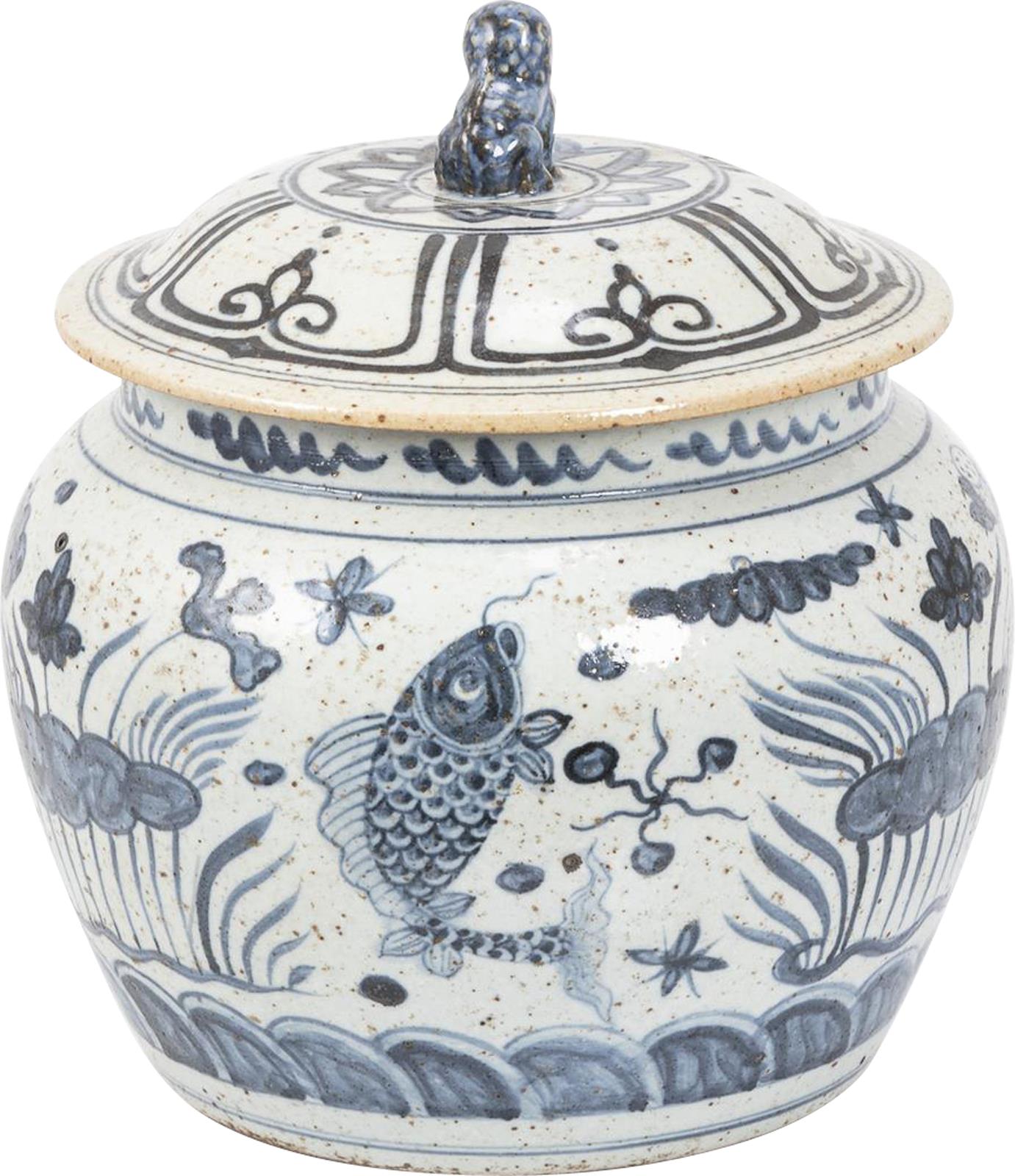 Rice Jar Fish Lotus Flower Blue White Ceramic Hand-Painted Handmade Painted-Image 2