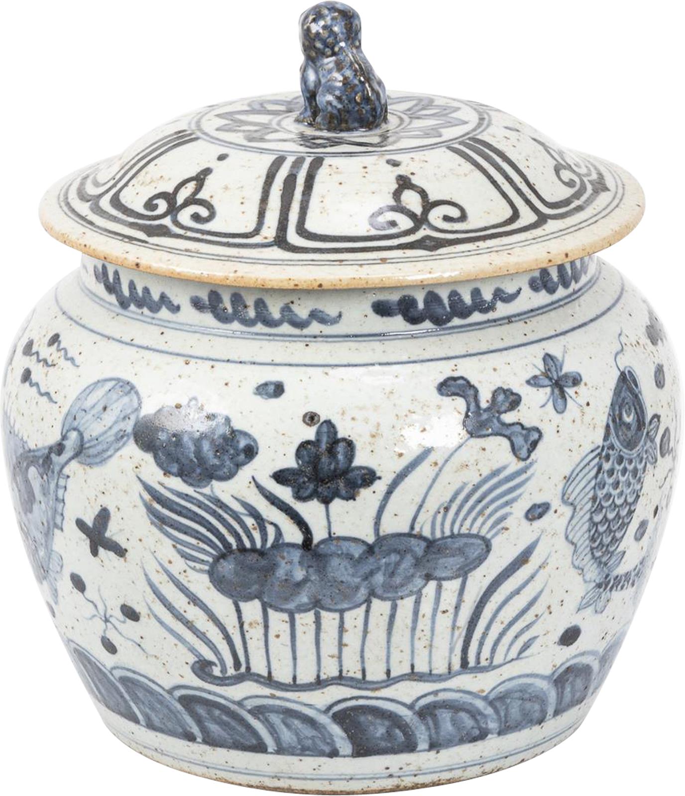 Rice Jar Fish Lotus Flower Blue White Ceramic Hand-Painted Handmade Painted-Image 3