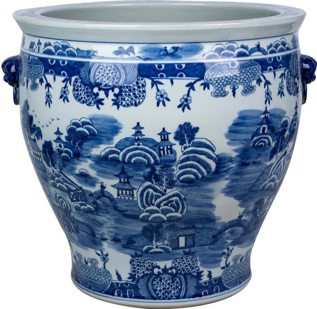 Planter Vase Mountain Pagoda Lion Handle Blue White Porcelain Hand--Image 1