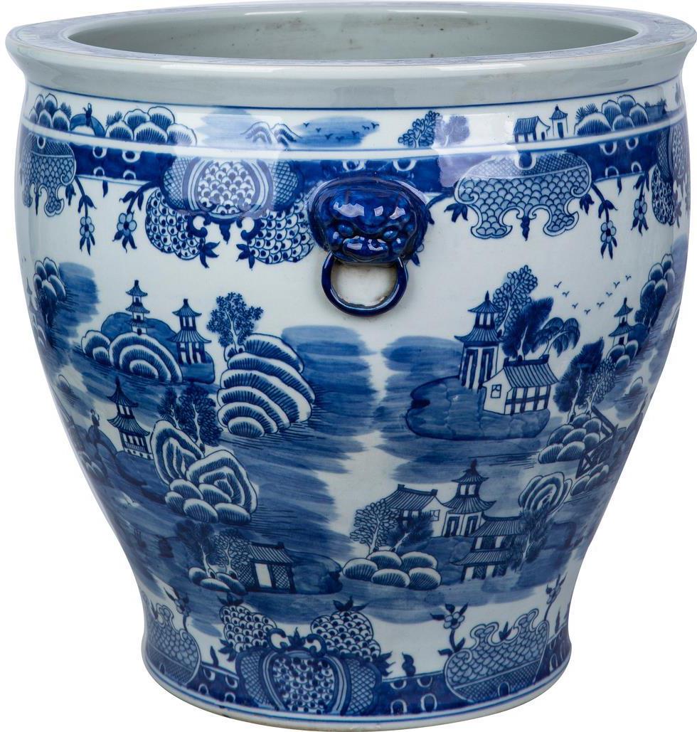 Planter Vase Mountain Pagoda Lion Handle Blue White Porcelain Hand--Image 2