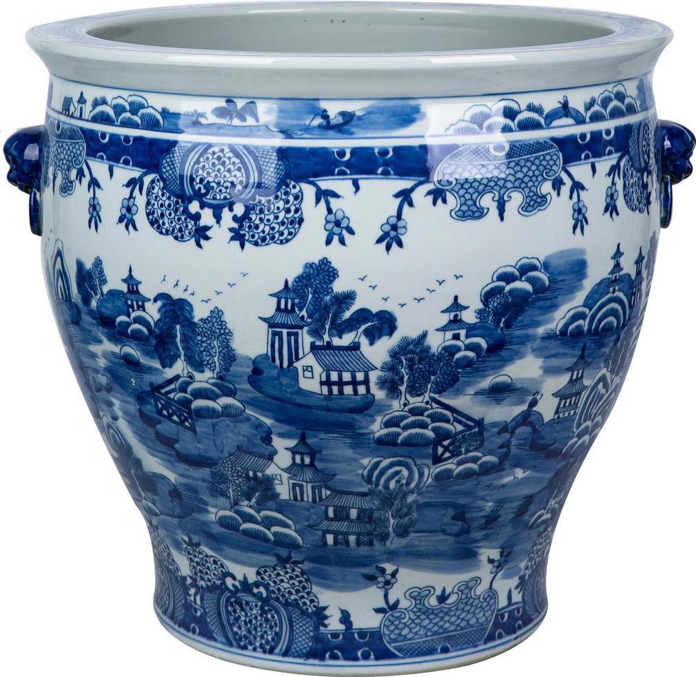 Planter Vase Mountain Pagoda Lion Handle Blue White Porcelain Hand--Image 3