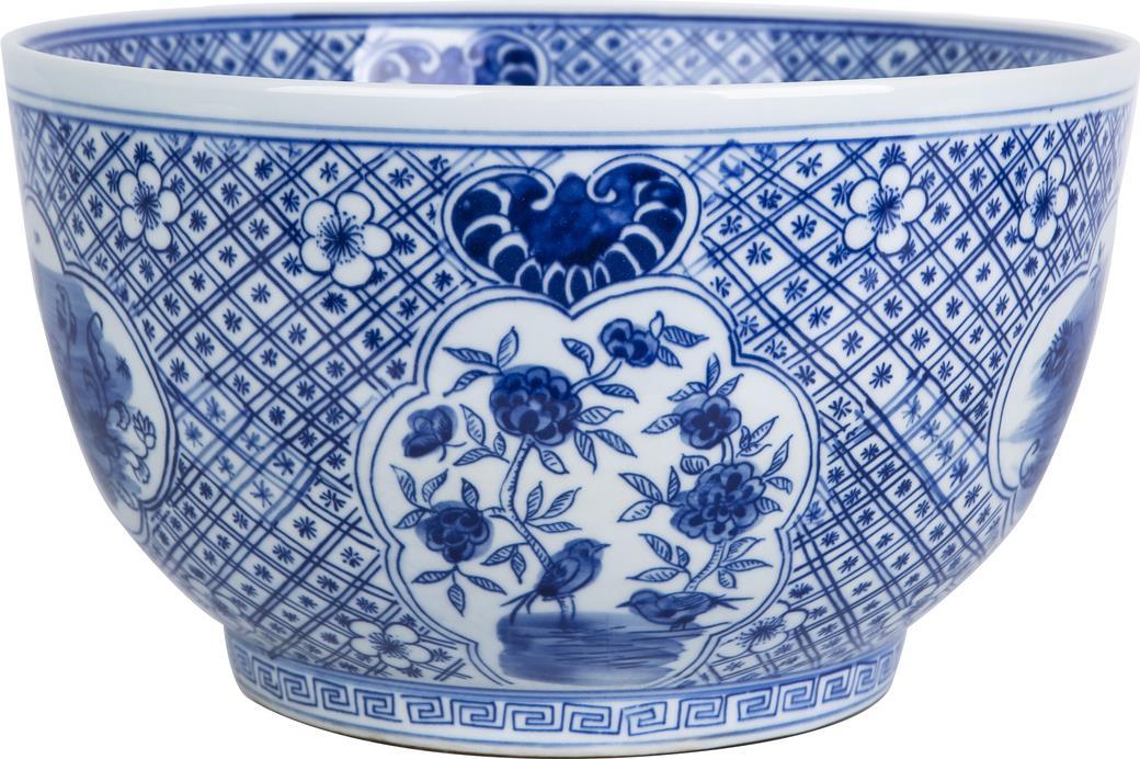 Bowl Medallion Flower Bird White Blue Ceramic Hand-Crafted-Image 2