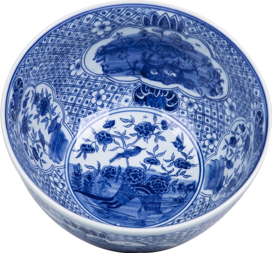 Bowl Medallion Flower Bird White Blue Ceramic Hand-Crafted-Image 3