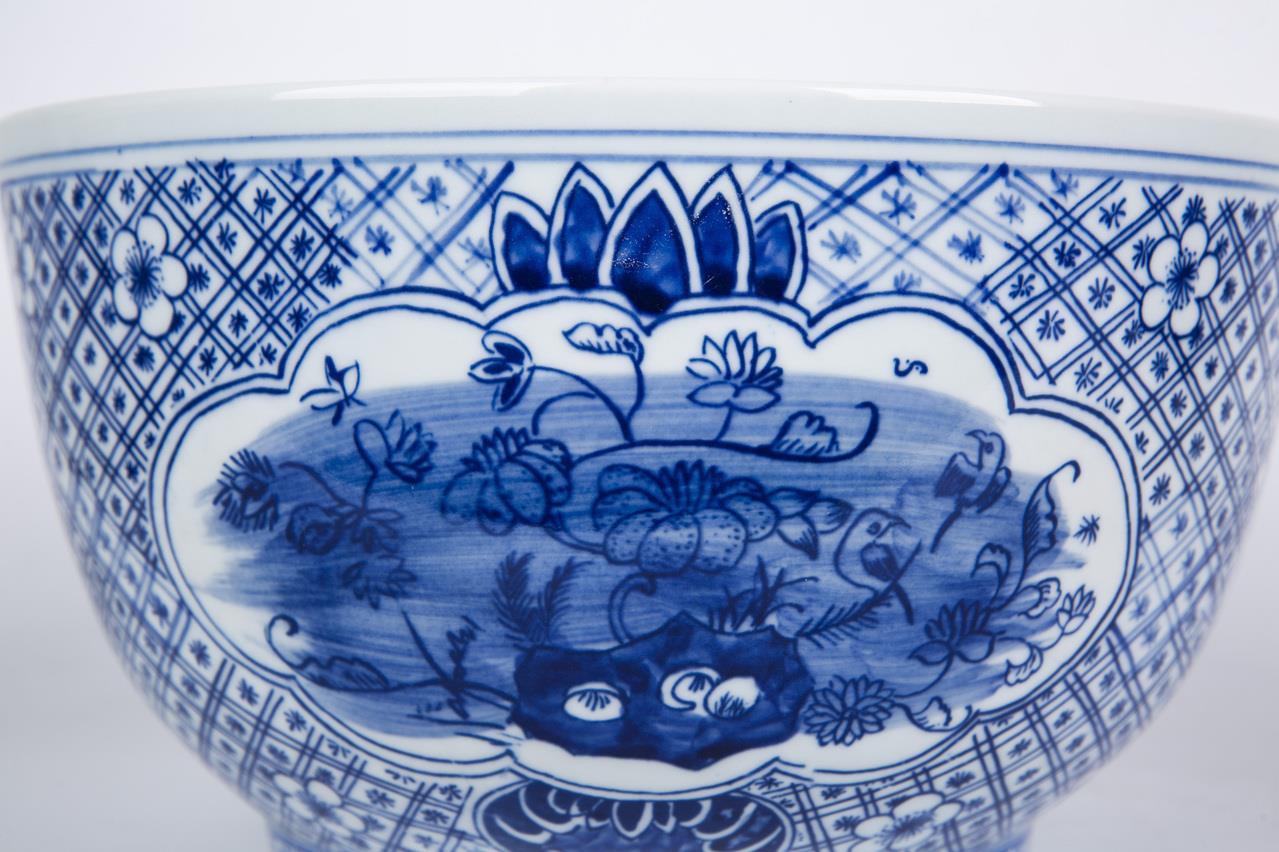 Bowl Medallion Flower Bird White Blue Ceramic Hand-Crafted-Image 4
