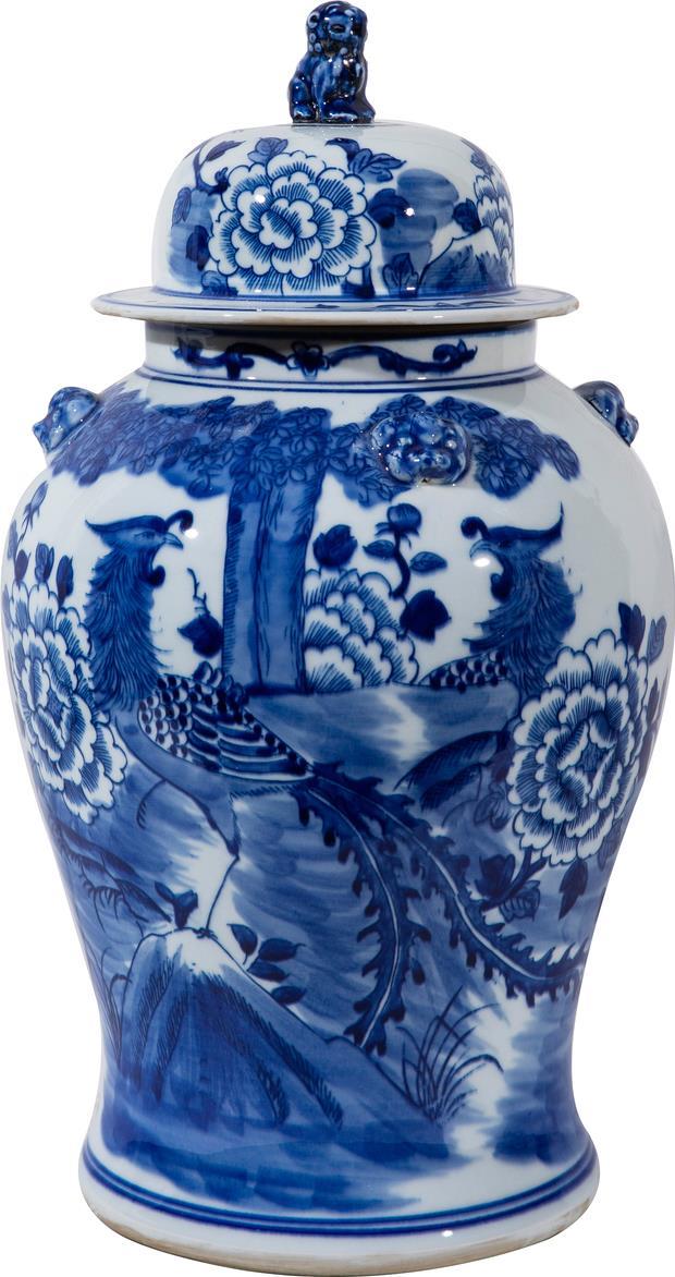 Temple Jar Vase Phoenix Tree Lion Handle Small Blue White Ceramic H-Image 1