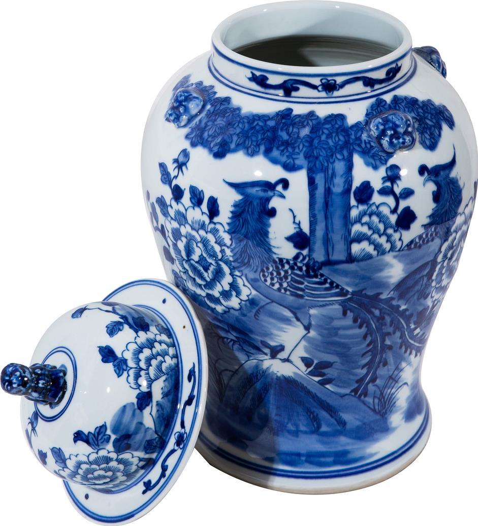 Temple Jar Vase Phoenix Tree Lion Handle Small Blue White Ceramic H-Image 2