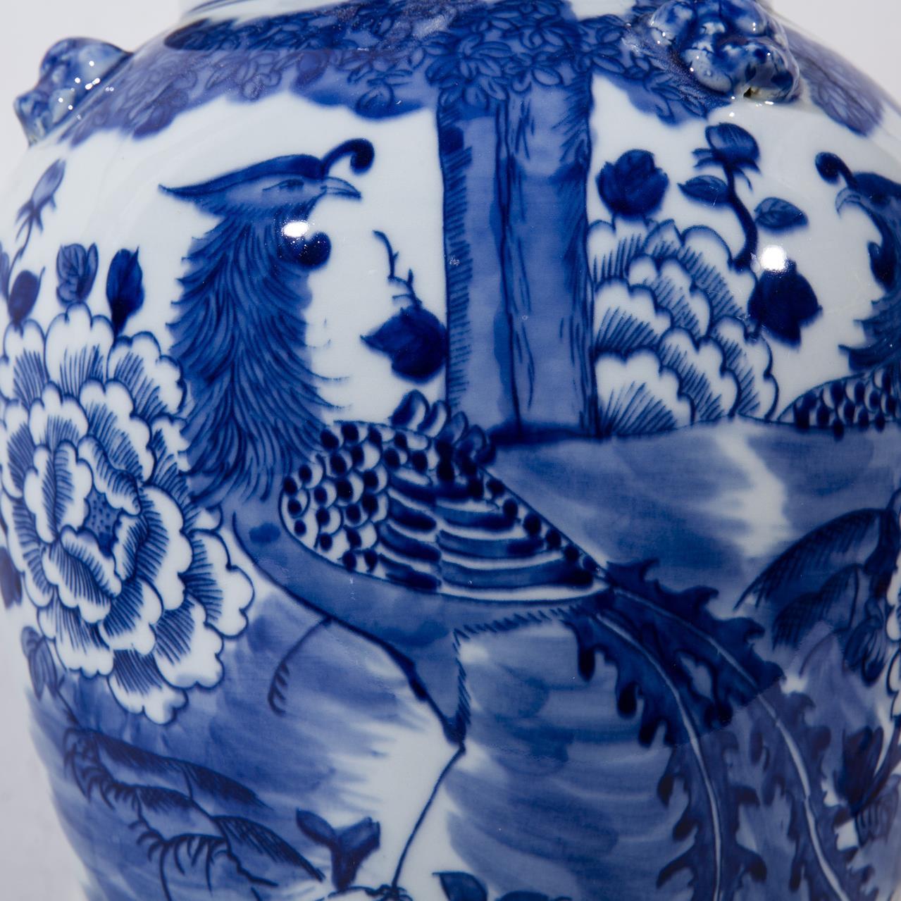 Temple Jar Vase Phoenix Tree Lion Handle Small Blue White Ceramic H-Image 3