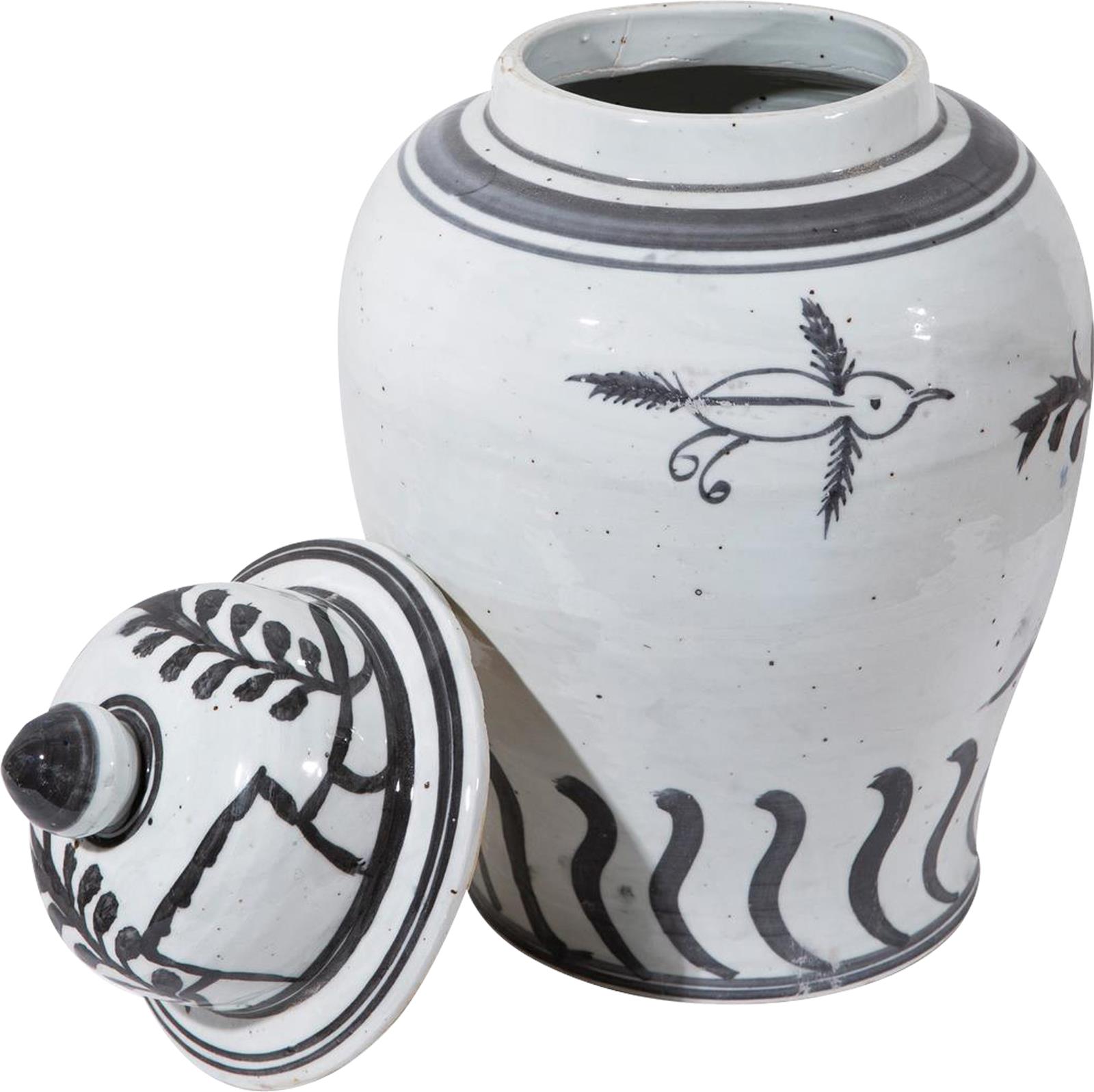 Temple Jar Vase Flying Bird Black Vintage White Crackle Ceramic Han-Image 3