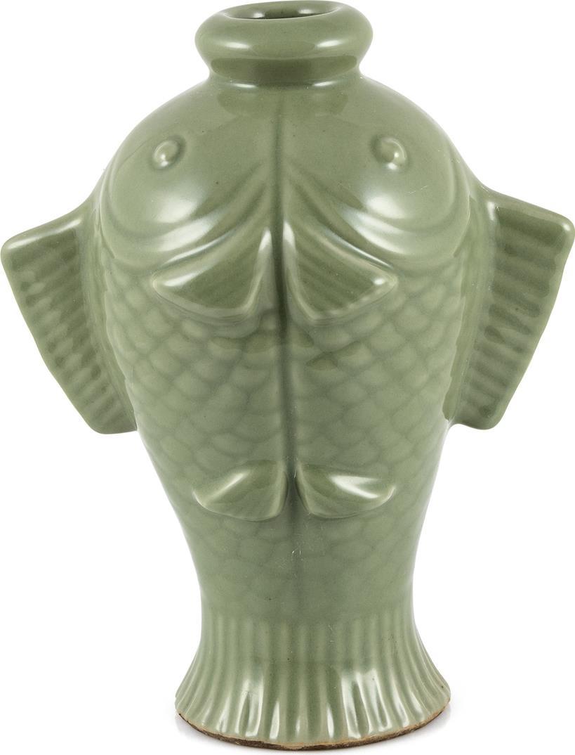 Vase Fish Small Green Ceramic Carved Hand-Crafted-Image 1