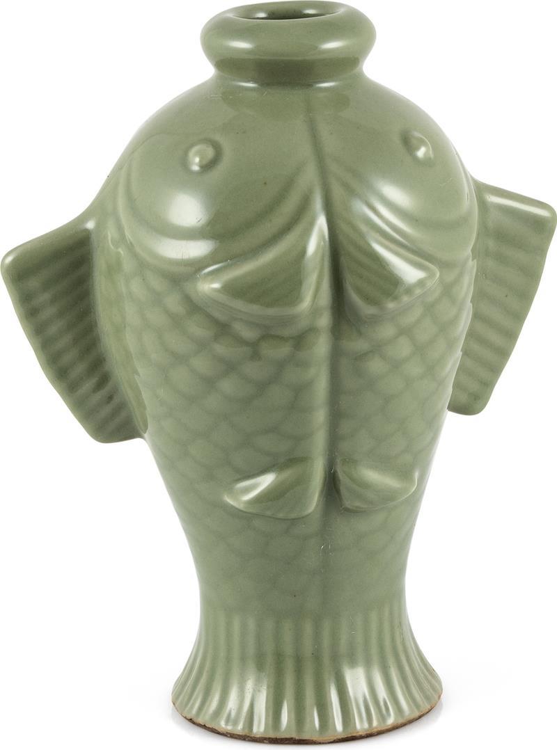 Vase Fish Small Green Ceramic Carved Hand-Crafted-Image 2