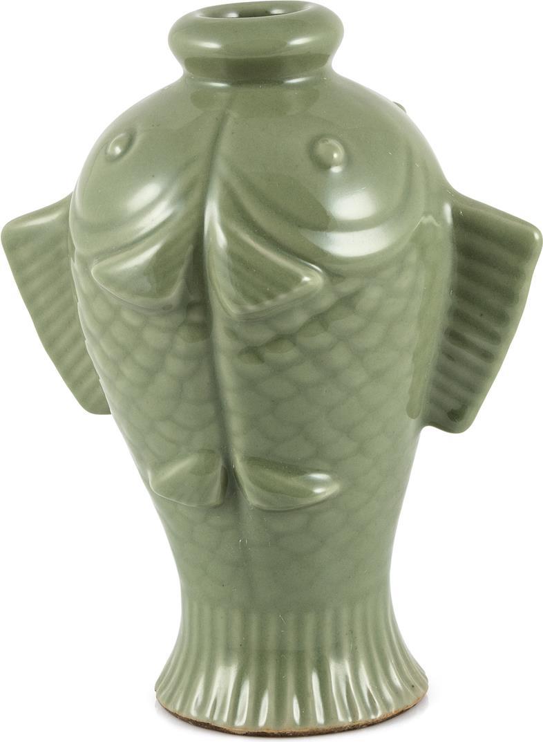 Vase Fish Small Green Ceramic Carved Hand-Crafted-Image 3