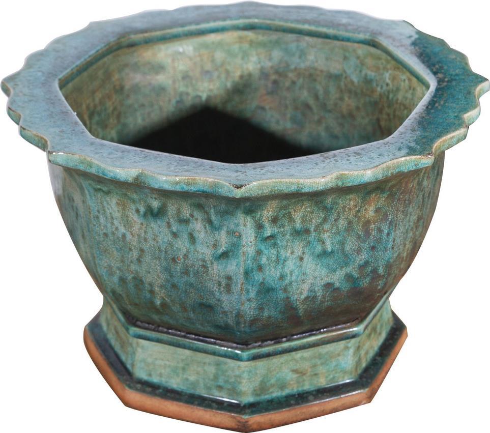 Planter Vase Hexagonal Speckled Green Ceramic Hand-Crafted-Image 2