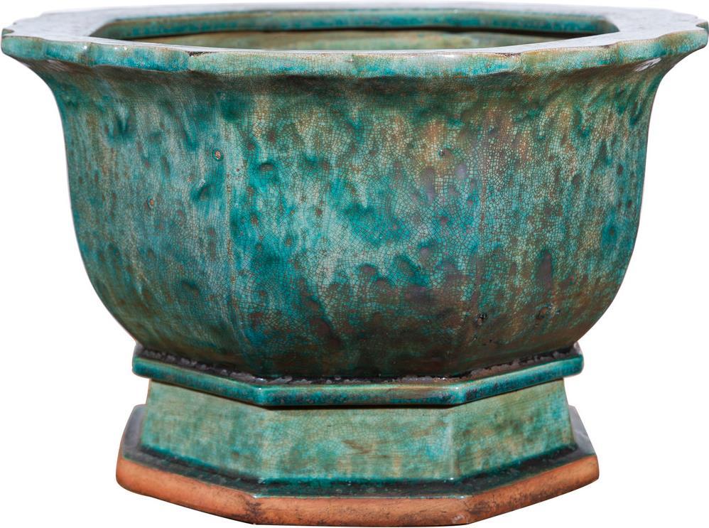 Planter Vase Hexagonal Speckled Green Ceramic Hand-Crafted-Image 1