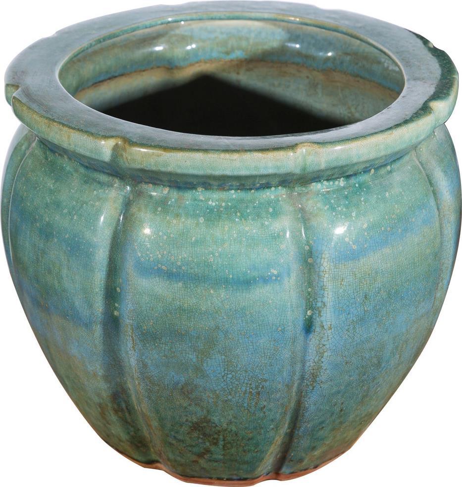 Planter Vase Round Ribbed Speckled Green Ceramic Hand-Crafted-Image 2