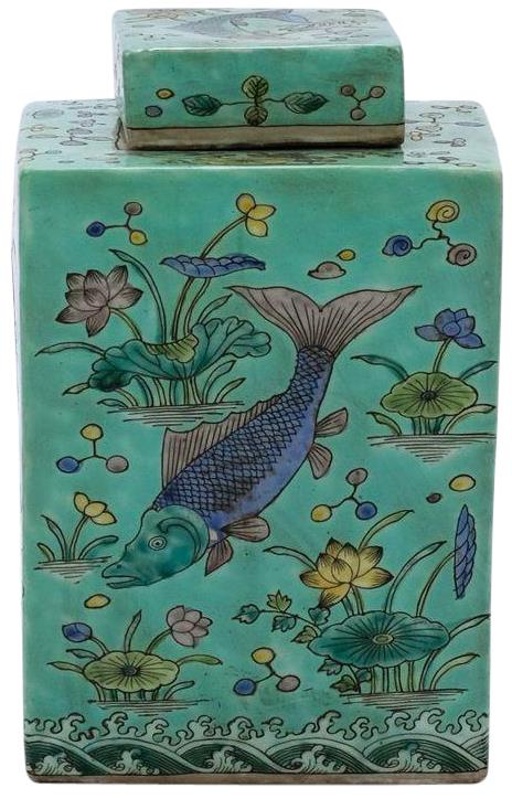 Tea Jar Service Items Vase Fish Square Green Colors May Vary Variable Porcelain-Image 2