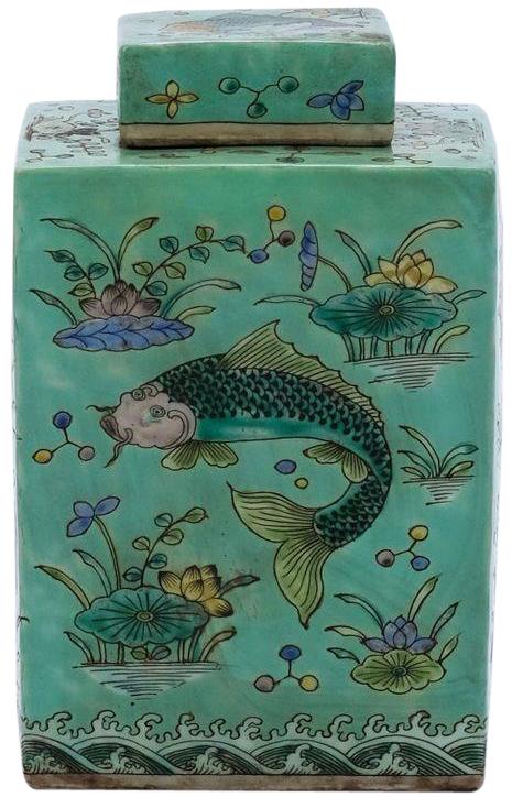 Tea Jar Service Items Vase Fish Square Green Colors May Vary Variable Porcelain-Image 3