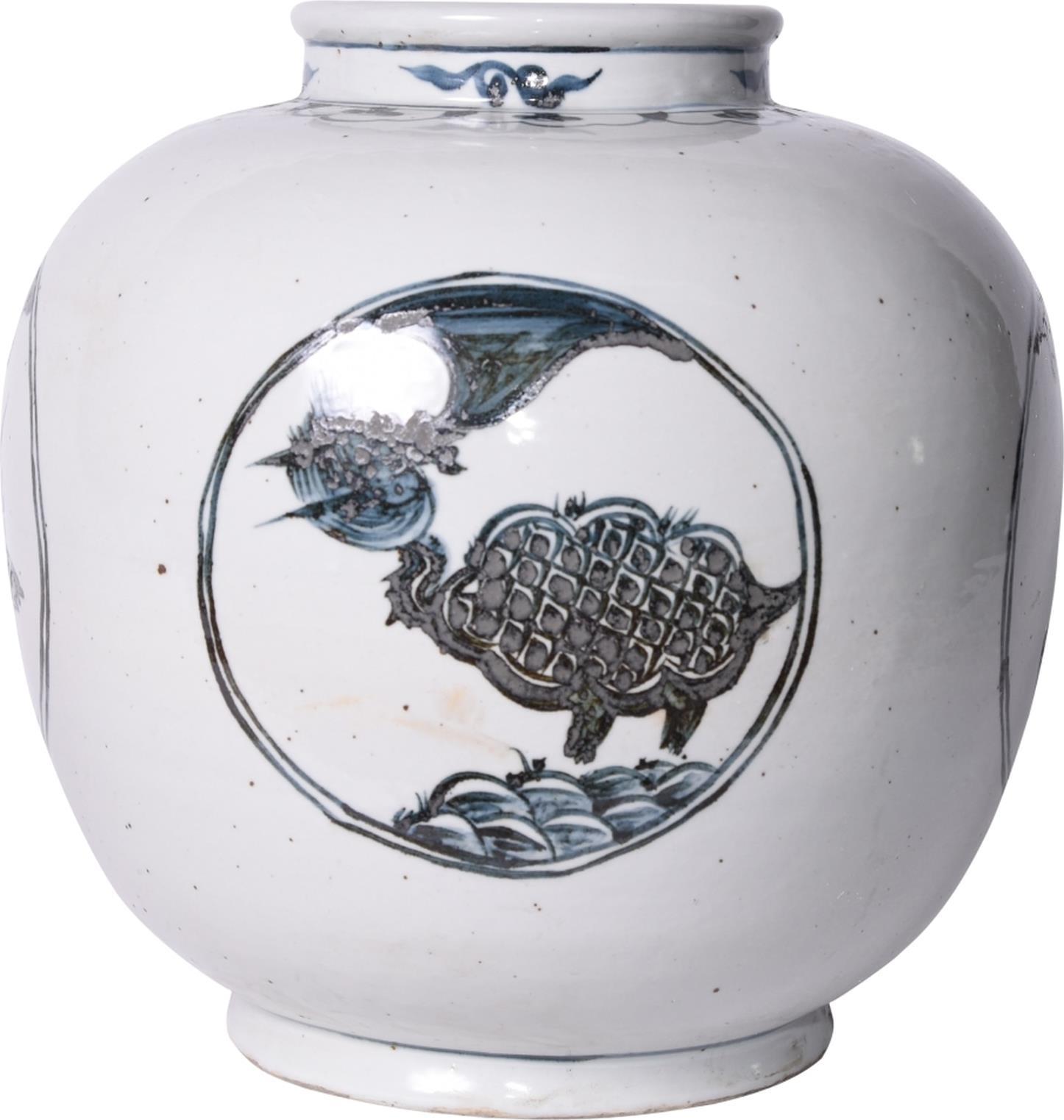 Jar Vase Crane Turtle Motif Bird White Colors May Vary Blue Variable Ceramic-Image 1