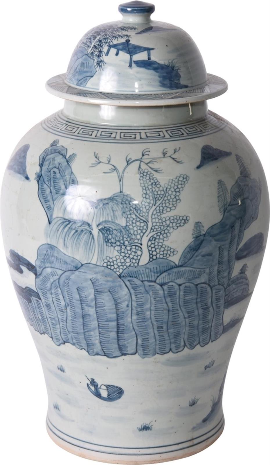 Temple Jar Vase Landscape Greek Key Trim Blue Colors May Vary White Variable-Image 1
