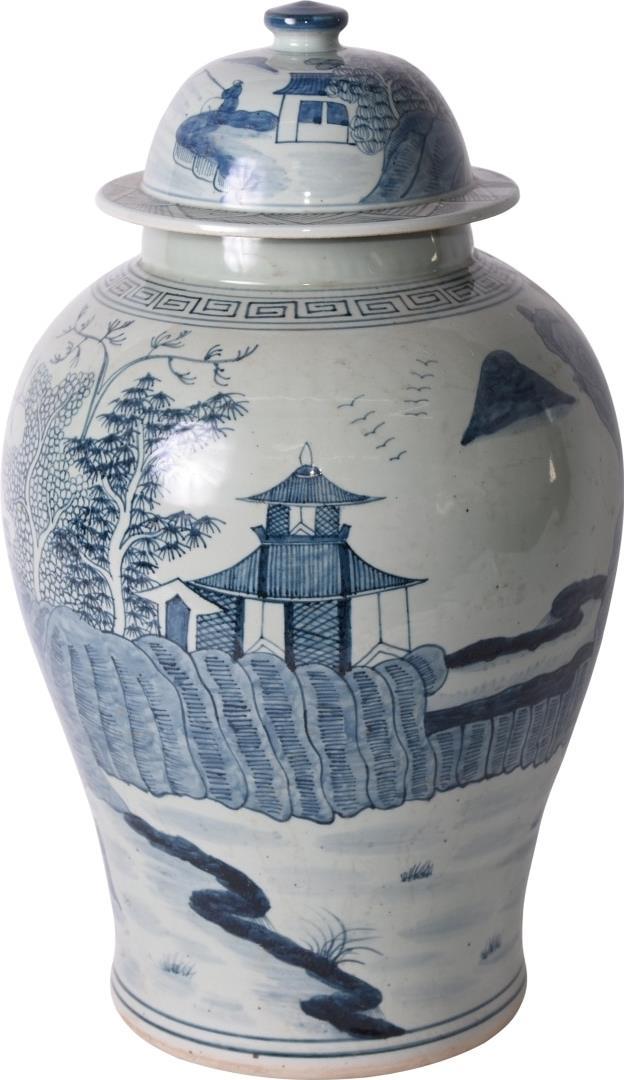 Temple Jar Vase Landscape Greek Key Trim Blue Colors May Vary White Variable-Image 2