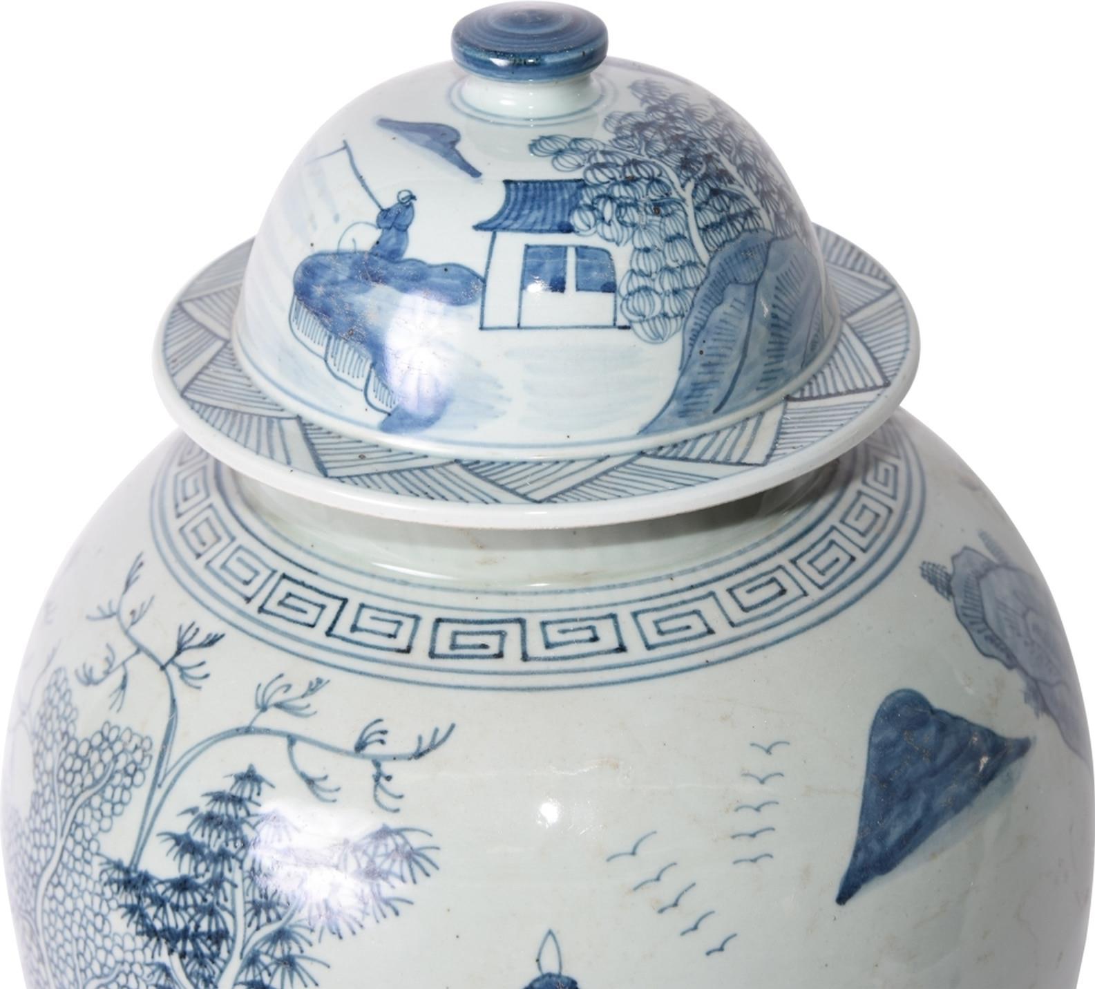 Temple Jar Vase Landscape Greek Key Trim Blue Colors May Vary White Variable-Image 3