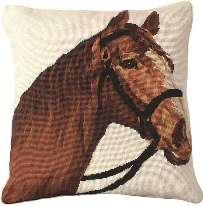 Throw Pillow Needlepoint Champ Horse 18x18 Chestnut Beige Poly Insert Cotton-Image 1