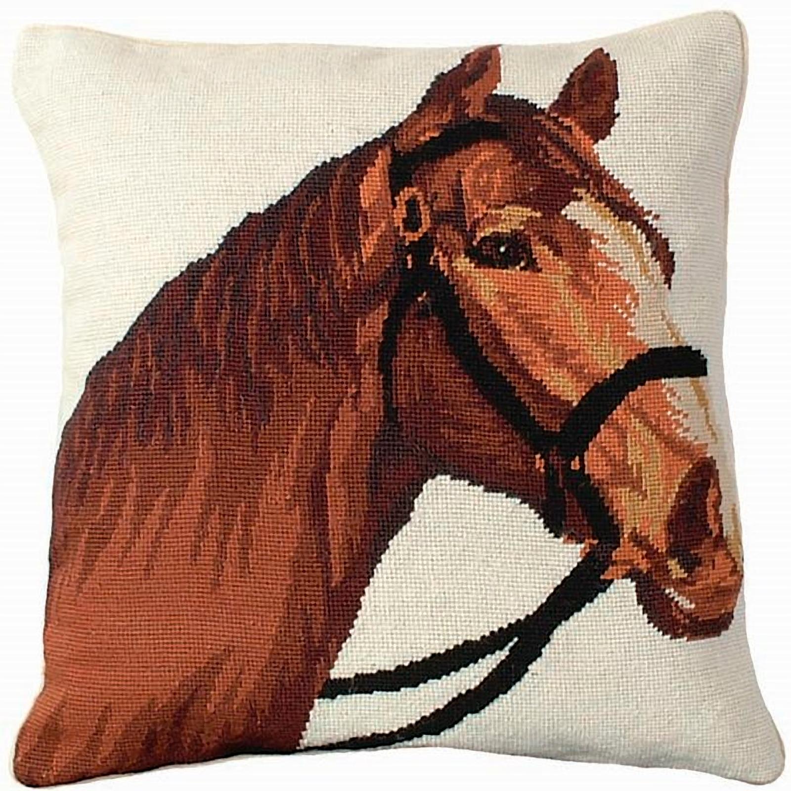 Throw Pillow Needlepoint Champ Horse 18x18 Chestnut Beige Poly Insert Cotton-Image 2