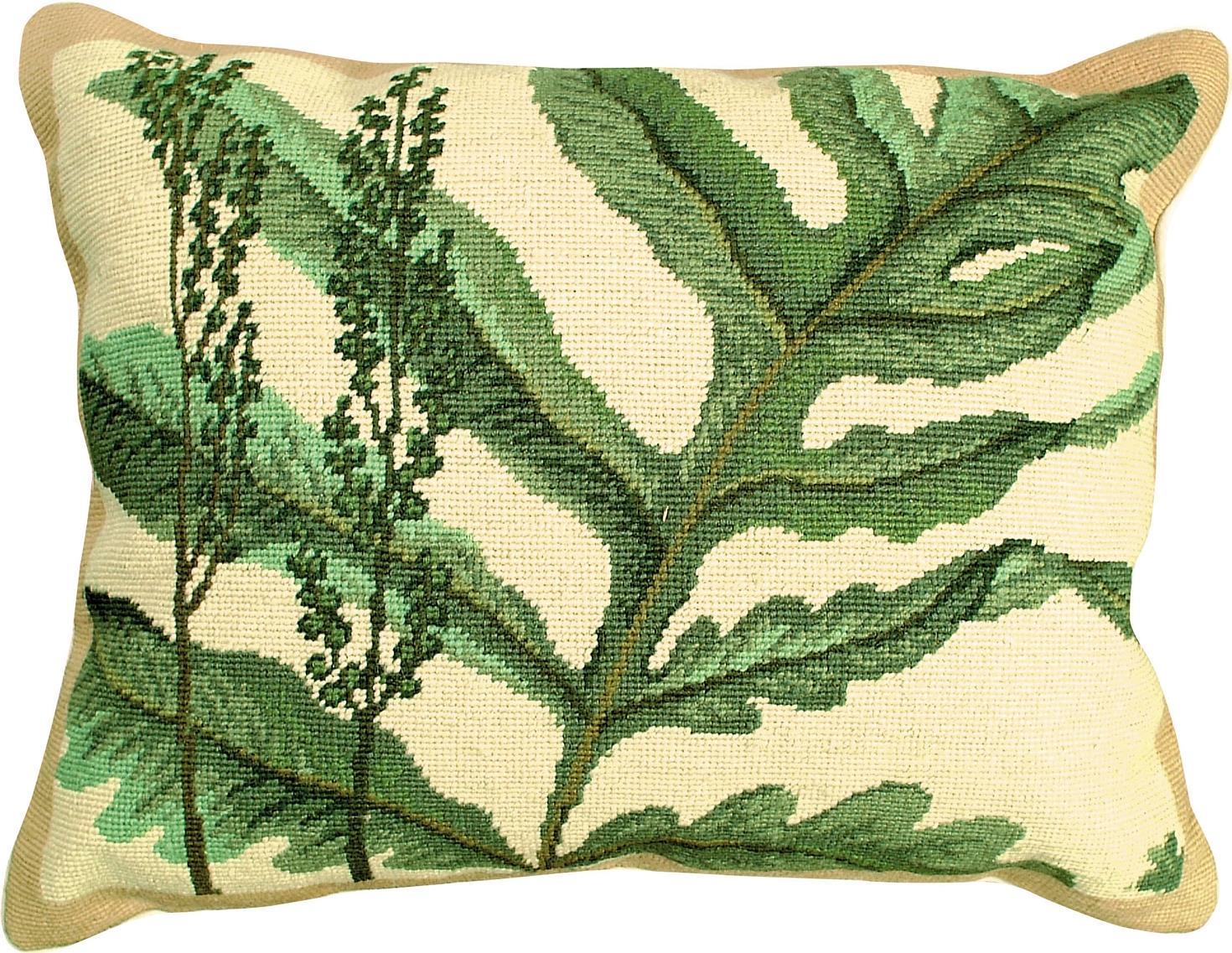 Throw Pillow Needlepoint Fern 16x20 20x16 Green Down Insert Wool Cotton Velvet-Image 1