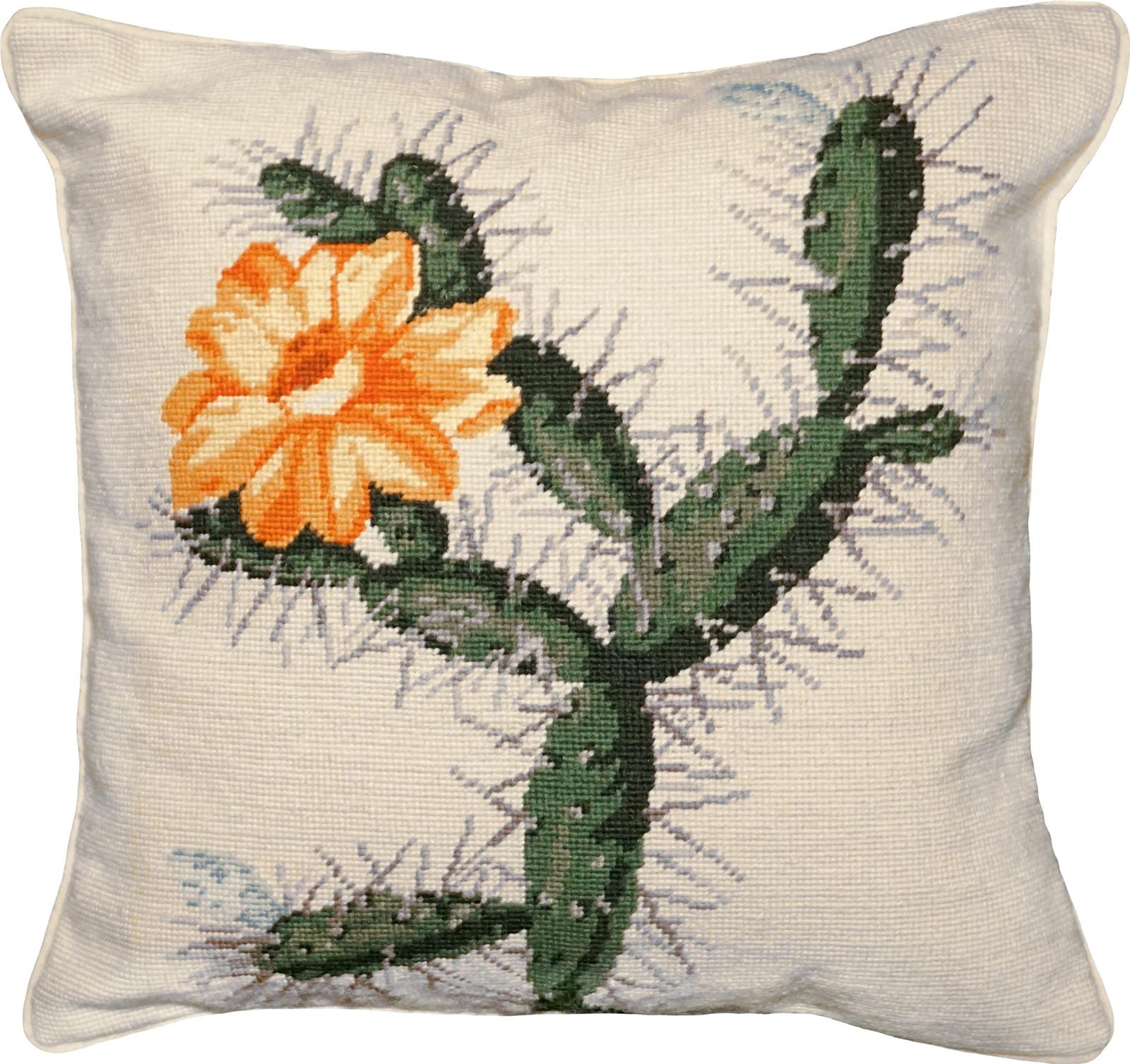Throw Pillow Needlepoint Cactus 18x18 Yellow Down Insert Cotton Velvet Back-Image 1