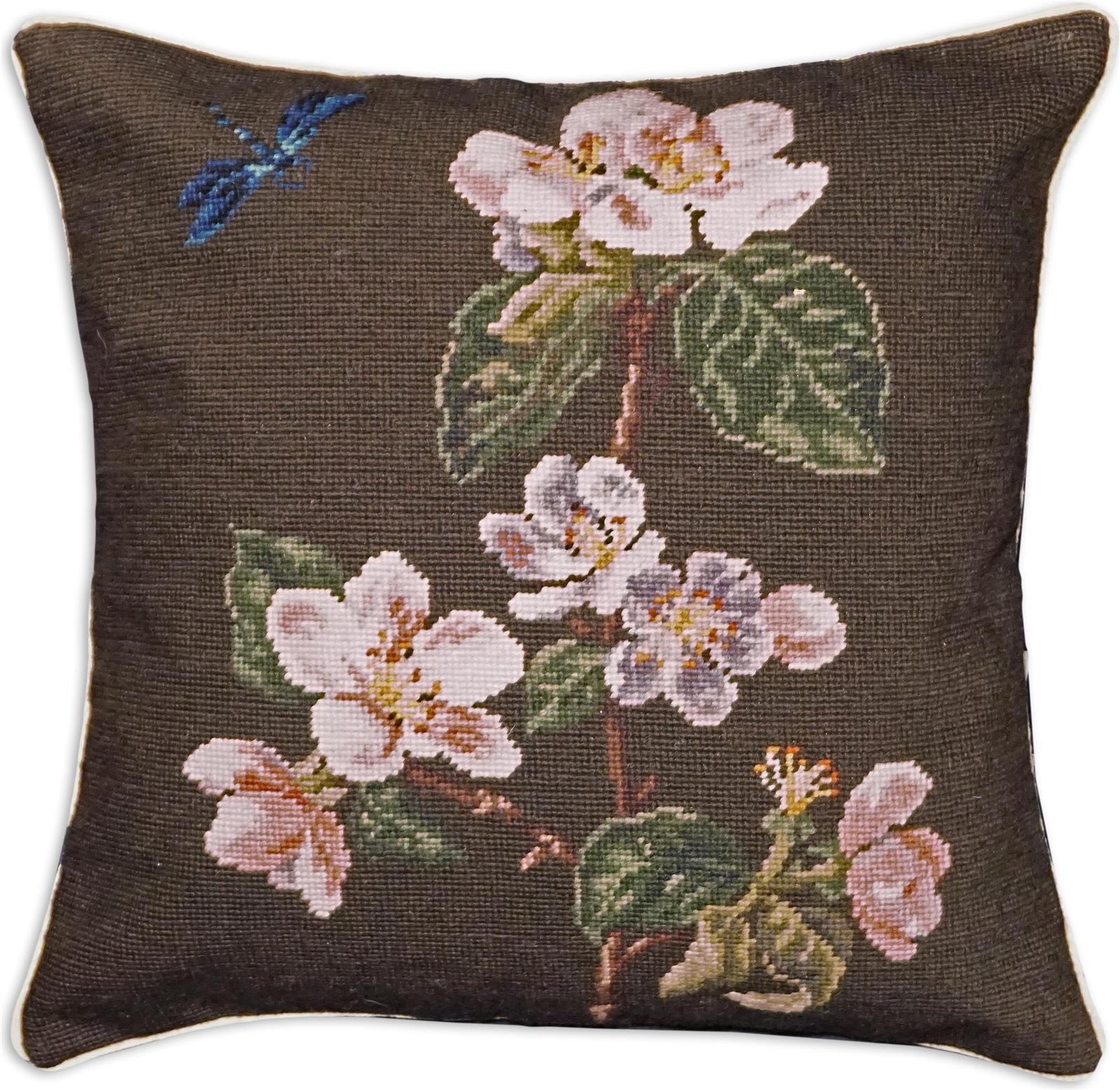 Throw Pillow Needlepoint Apple Blossom 18x18 Cotton Velvet Back Wool Handmade-Image 1