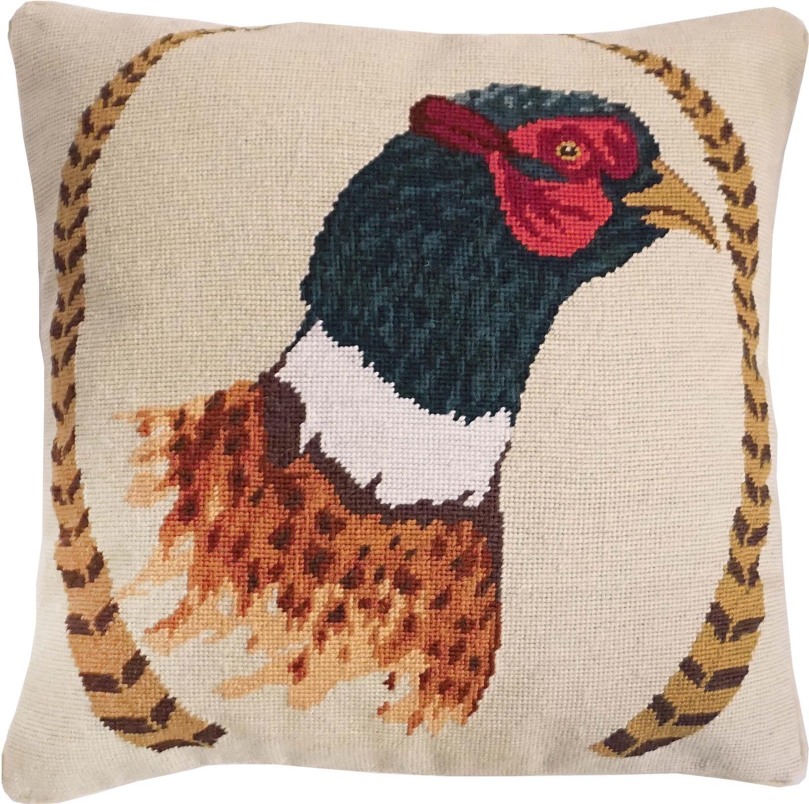 Throw Pillow Needlepoint Pheasant and Feathers 18x18 Beige Back Cotton Velvet-Image 1
