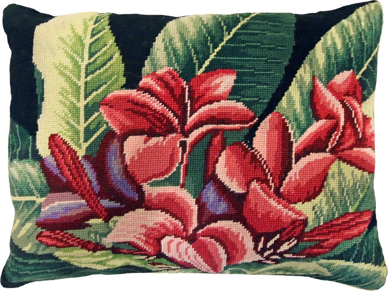 Throw Pillow Needlepoint Plumeria 16x20 20x16 Cotton Velvet Back Wool Handmade-Image 1