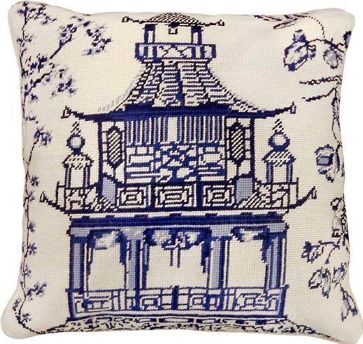 Pillow Throw Pagoda 18x18 Blue Down Insert Wool Cotton Velvet Back Needlepoint-Image 1