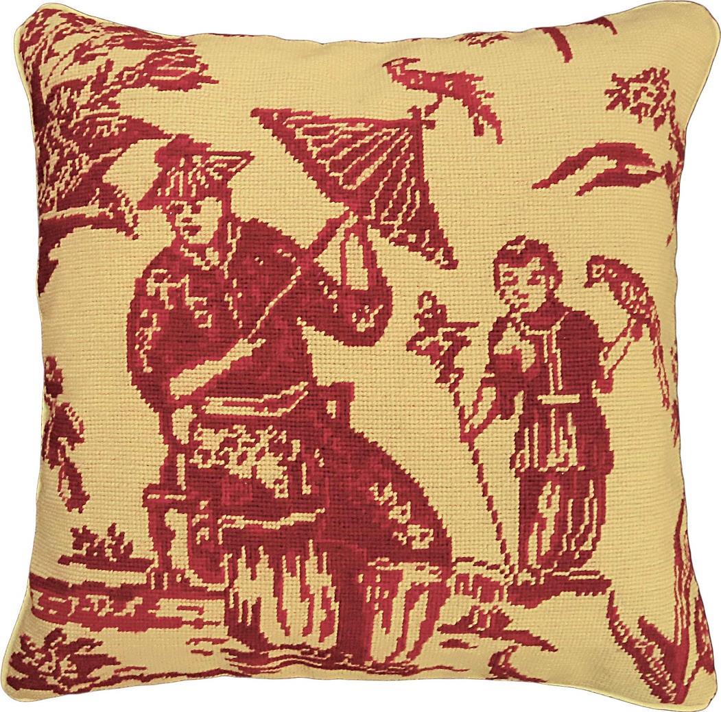 Throw Pillow Chinoiserie Asian Boy With Bird 18x18 Cotton Velvet Back Down-Image 1